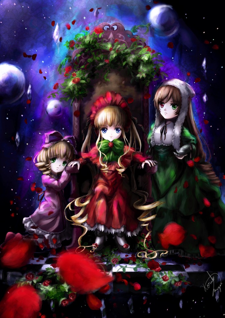 3girls bad_id bad_pixiv_id blonde_hair blue_eyes bow brown_hair chair cup dress flower green_dress green_eyes hat heterochromia hina_ichigo image long_hair long_sleeves looking_at_viewer miyai_haruki moon multiple multiple_girls night petals photoshop_(medium) pink_bow red_eyes rozen_maiden shinku sitting sky suiseiseki tagme