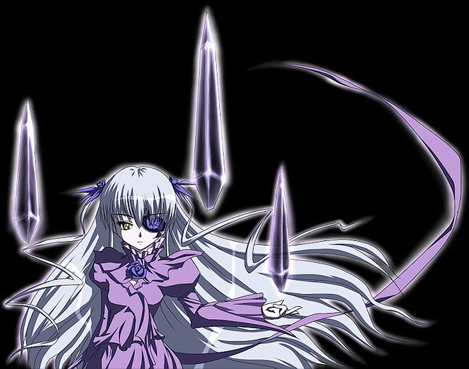 1girl barasuishou black_background dress eyepatch gem image long_hair long_sleeves looking_at_viewer ribbon silver_hair simple_background solo very_long_hair weapon wings yellow_eyes