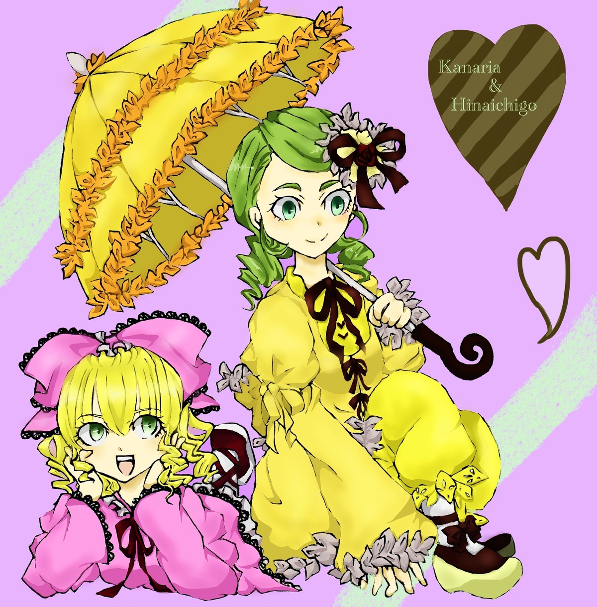 2girls blonde_hair bow dress drill_hair flower frills green_eyes green_hair heart hina_ichigo hinaichigo holding_umbrella image kanaria long_sleeves multiple_girls pair parasol pink_bow shared_umbrella short_hair smile umbrella