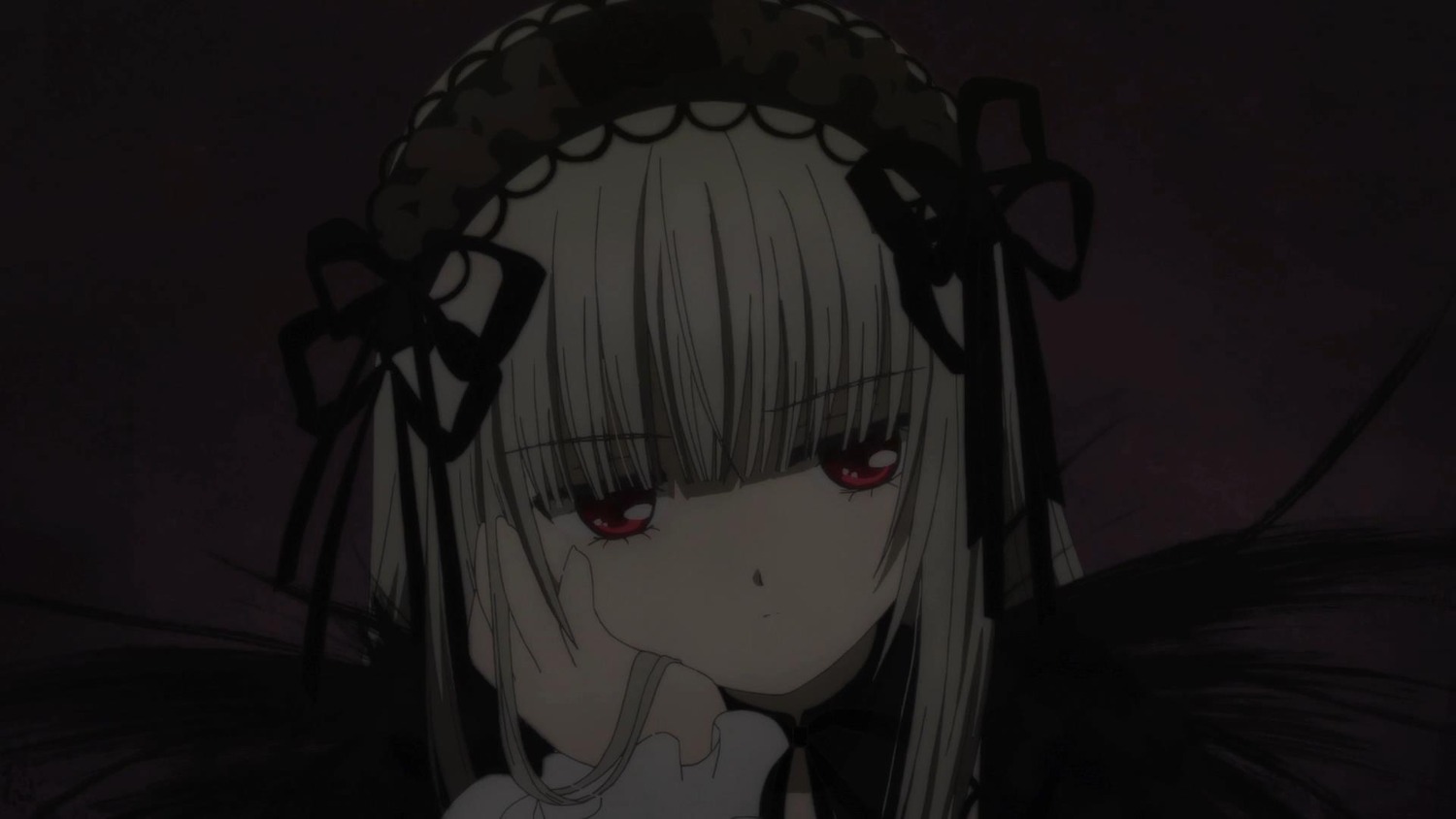 1girl bangs black_dress black_ribbon black_wings closed_mouth dress eyebrows_visible_through_hair hairband image long_hair long_sleeves looking_at_viewer red_eyes ribbon rose solo suigintou