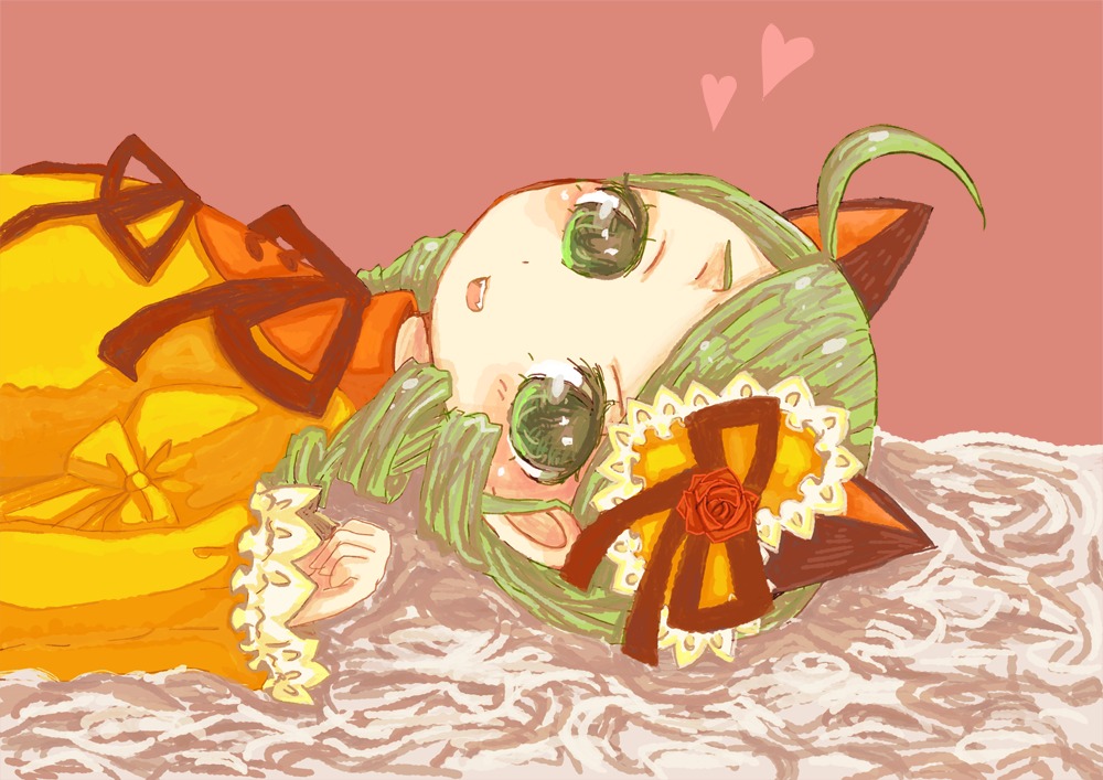 1girl animal_ears bow dress drill_hair fang flower green_eyes green_hair heart image kanaria open_mouth ribbon rose smile solo