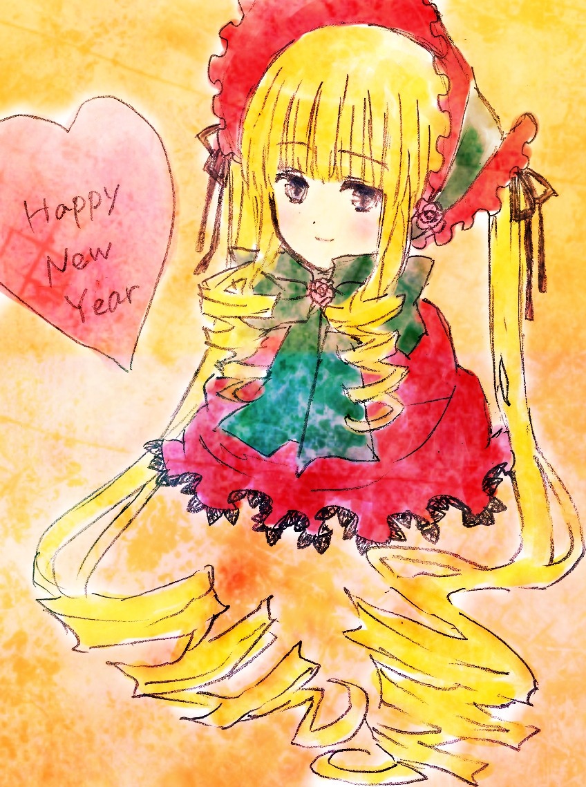 1girl blonde_hair blush bonnet bow dress drill_hair frills image long_hair long_sleeves looking_at_viewer red_dress shinku smile solo twin_drills yellow_background