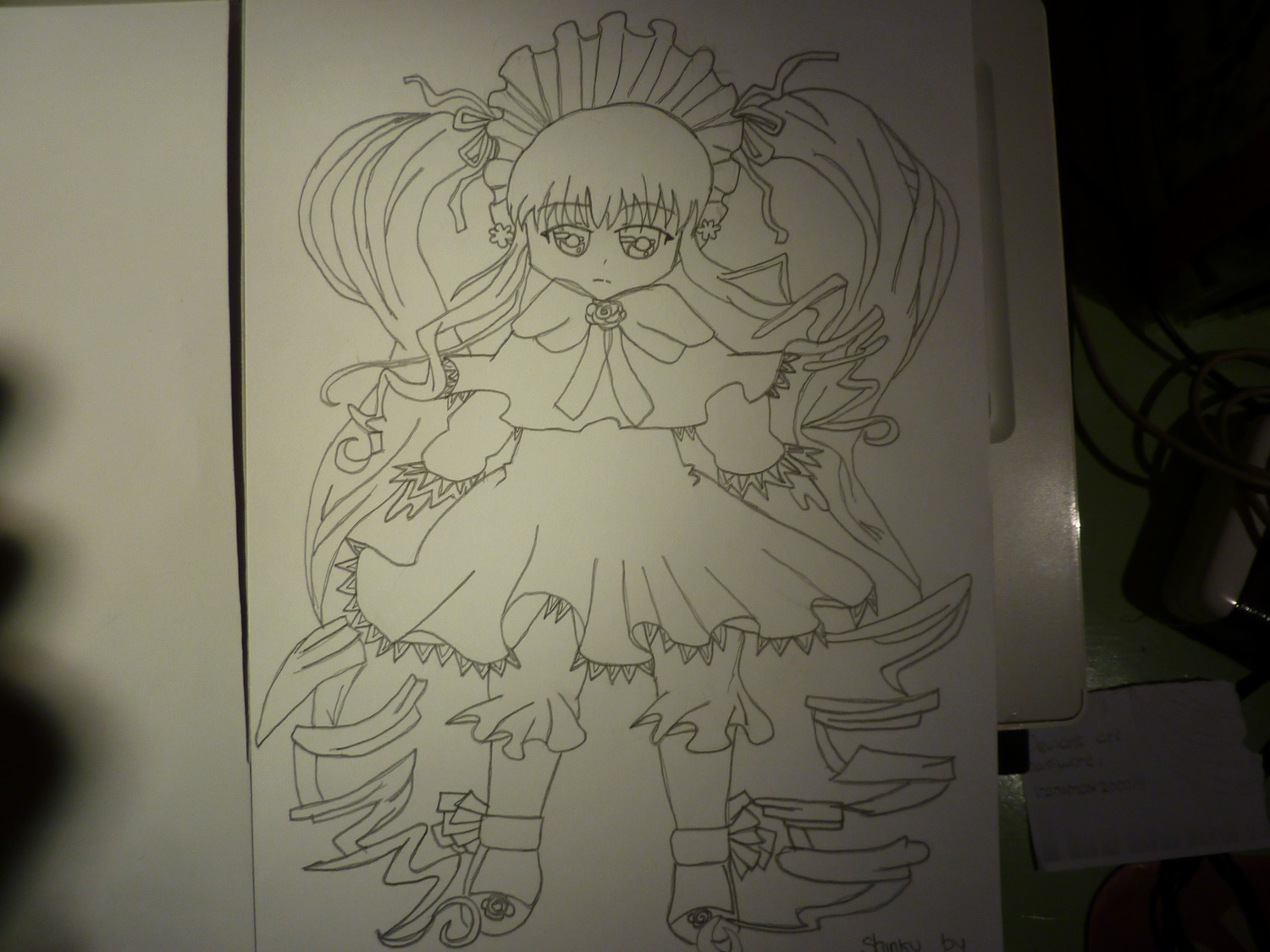1girl dress frills full_body image long_hair long_sleeves looking_at_viewer monochrome photo shinku solo standing traditional_media twintails very_long_hair