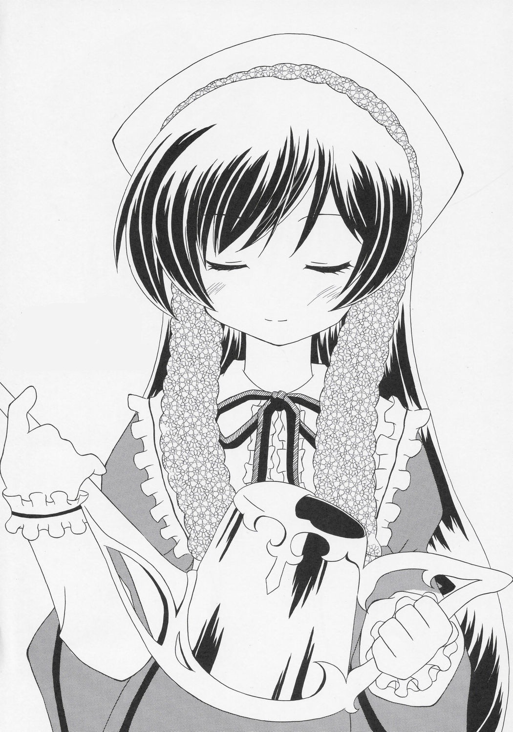 1girl blush closed_eyes dress frills greyscale image long_hair long_sleeves monochrome ribbon smile solo suiseiseki