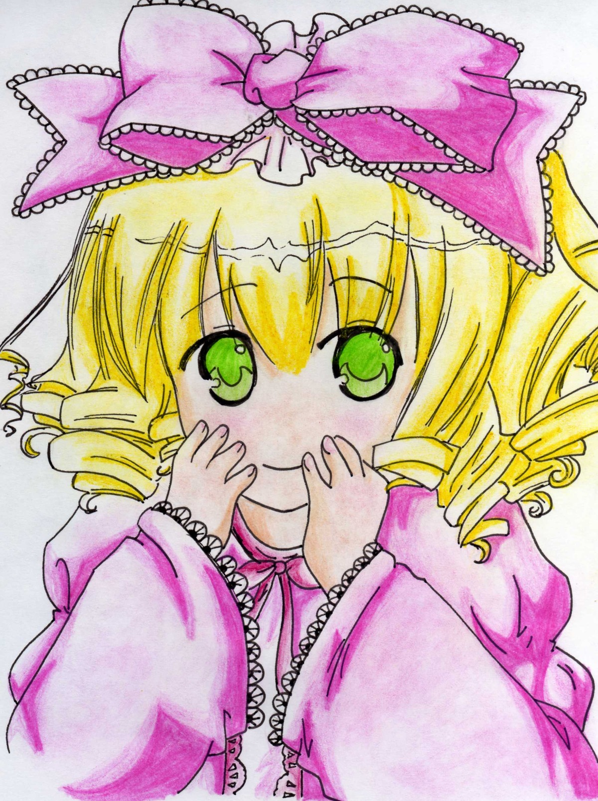 1girl blonde_hair bow drill_hair eyebrows_visible_through_hair frills green_eyes hina_ichigo hinaichigo image long_sleeves looking_at_viewer marker_(medium) pink_bow solo traditional_media twin_drills upper_body