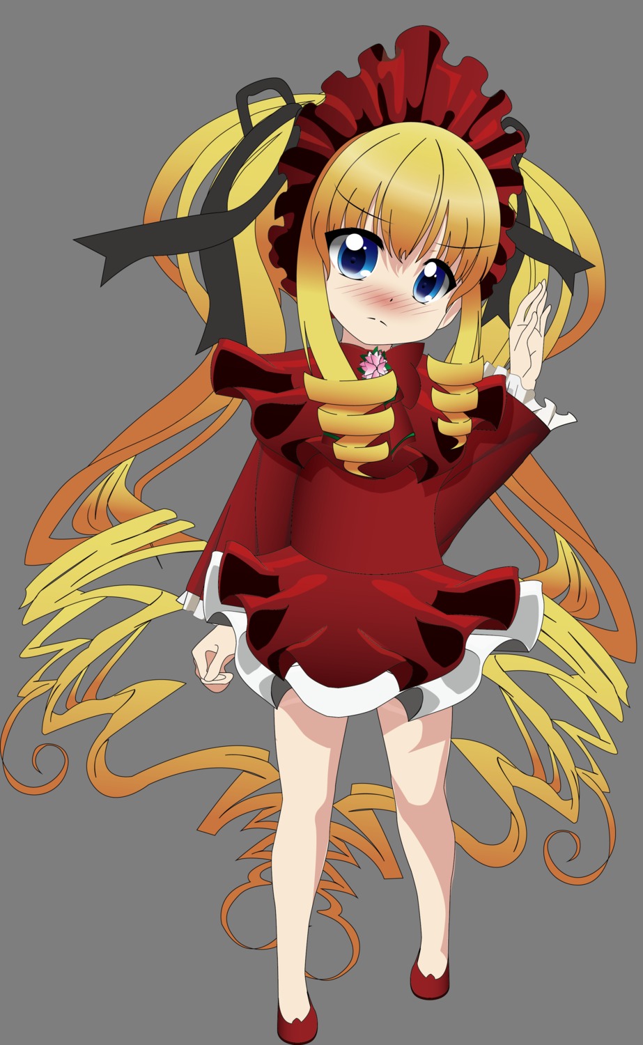 1girl blonde_hair blue_eyes blush bow dress drill_hair full_body image long_hair long_sleeves looking_at_viewer red_dress red_footwear shinku shoes simple_background solo standing tears twin_drills twintails very_long_hair white_background