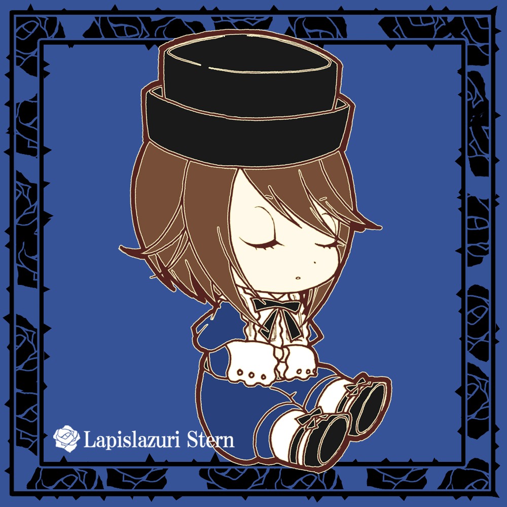 1girl blue_background blue_theme brown_hair chibi closed_eyes hat image monochrome ribbon short_hair sleeping solo souseiseki suspenders thighhighs usami_renko