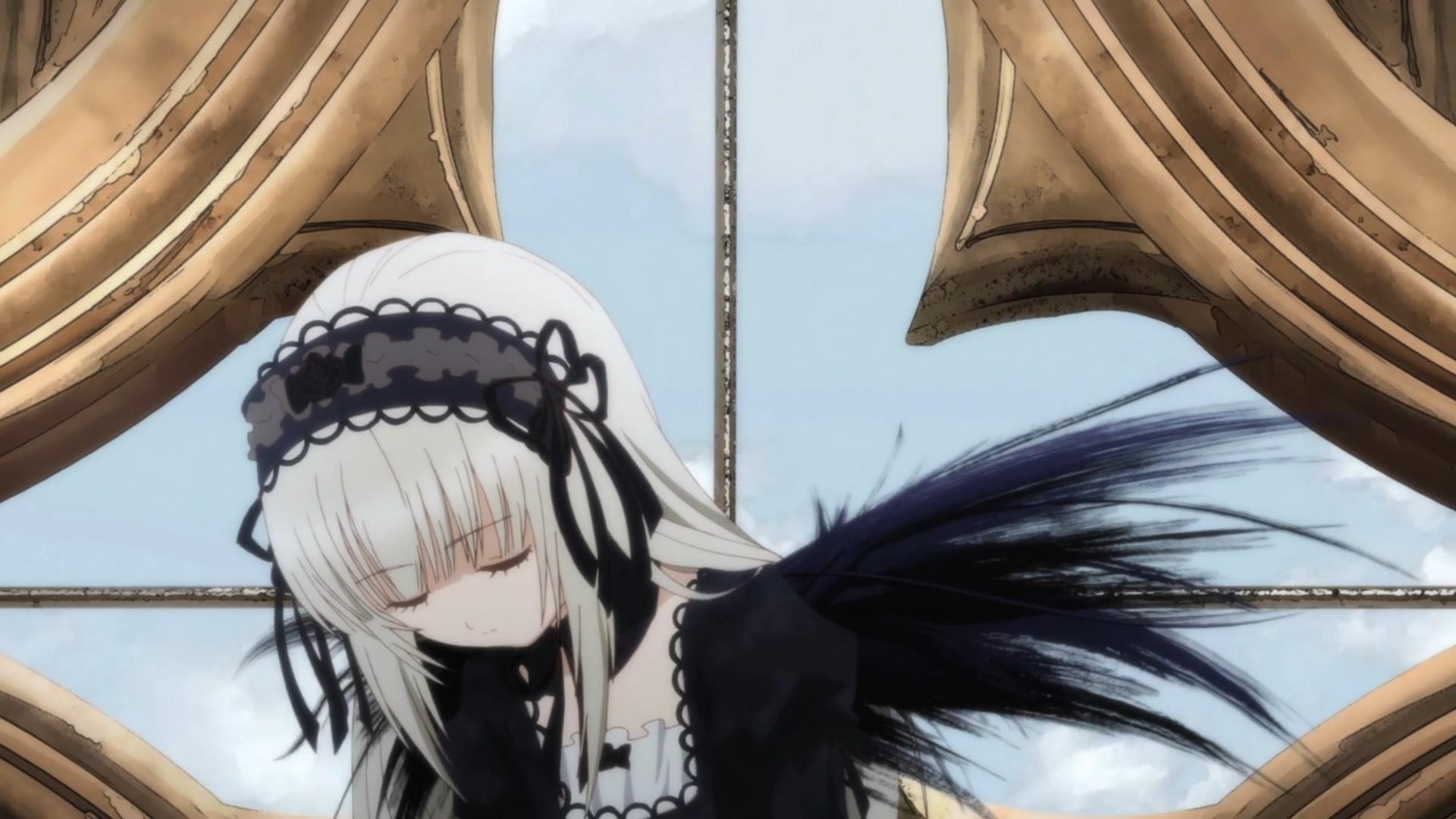 1girl bangs black_dress black_ribbon black_wings closed_eyes closed_mouth detached_collar dress frills gothic_lolita hairband image lolita_fashion lolita_hairband long_hair long_sleeves ribbon rose silver_hair sky solo suigintou very_long_hair wings
