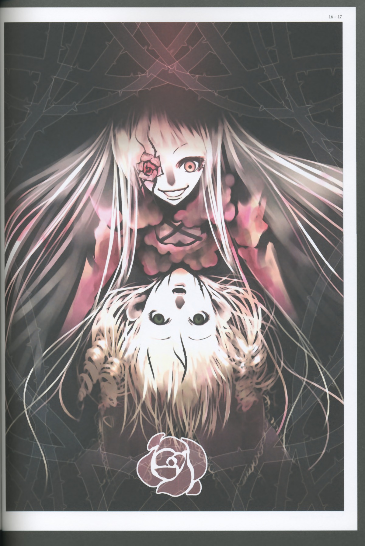 flower grin image kirakishou long_hair looking_at_viewer pale_skin red_eyes rose smile solo teeth