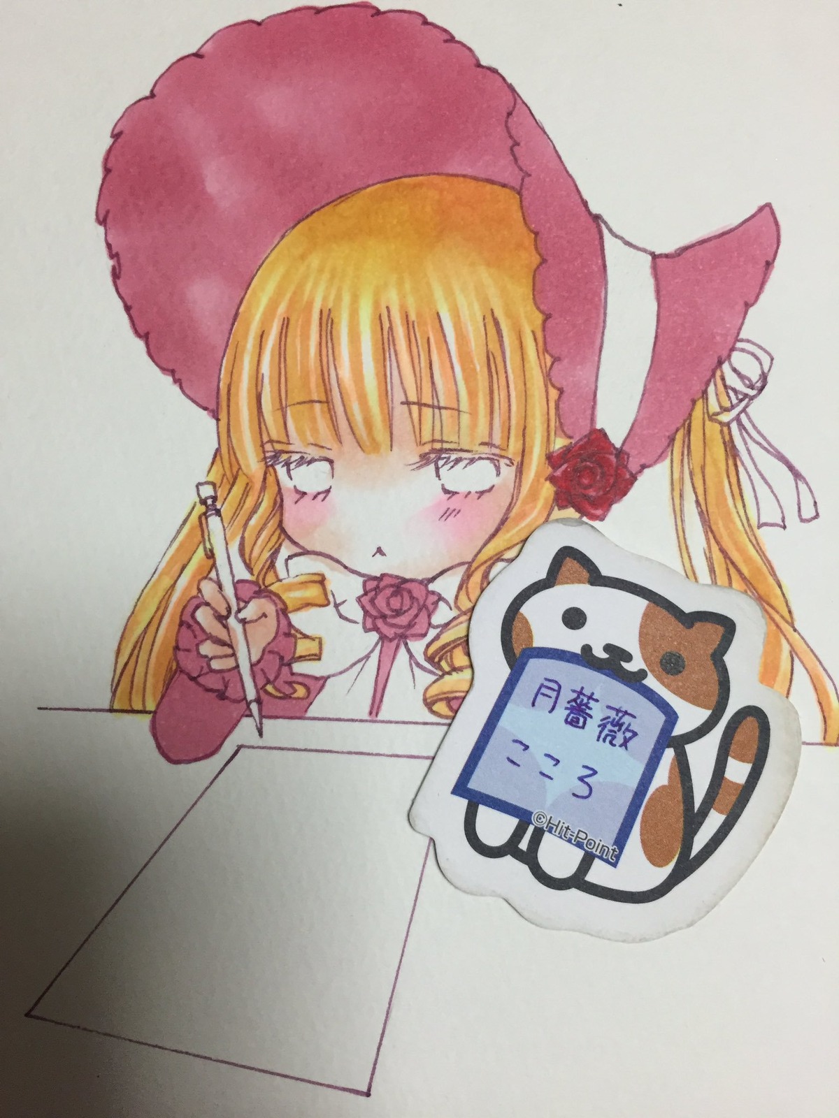 1girl blonde_hair blue_eyes blush bonnet dress flower image long_hair marker_(medium) photo pink_rose red_flower red_rose rose shinku simple_background solo traditional_media upper_body