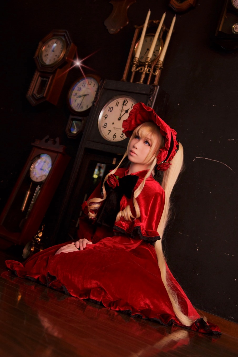 1girl blonde_hair blue_eyes bonnet clock dress flower indoors long_hair painting_(object) red_dress rose shinku sitting solo