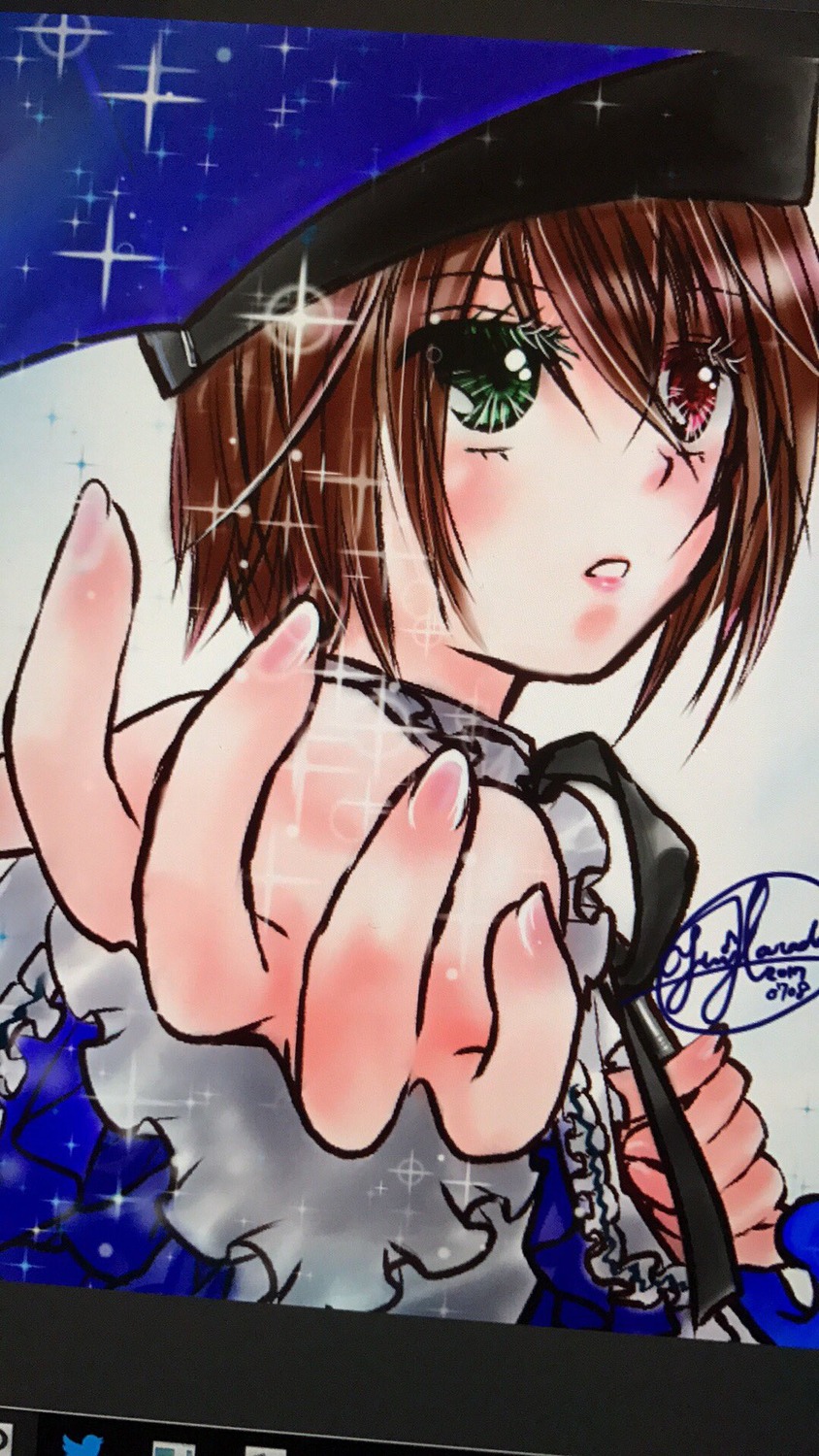 1girl blush brown_hair frills green_eyes hat heterochromia image long_sleeves looking_at_viewer red_eyes short_hair signature solo souseiseki