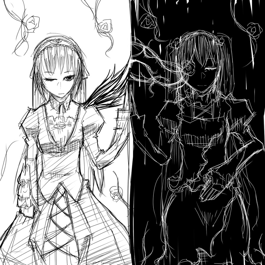 2girls dress flower greyscale image long_hair long_sleeves looking_at_viewer monochrome multiple_girls one_eye_closed rose sketch solo suigintou wings