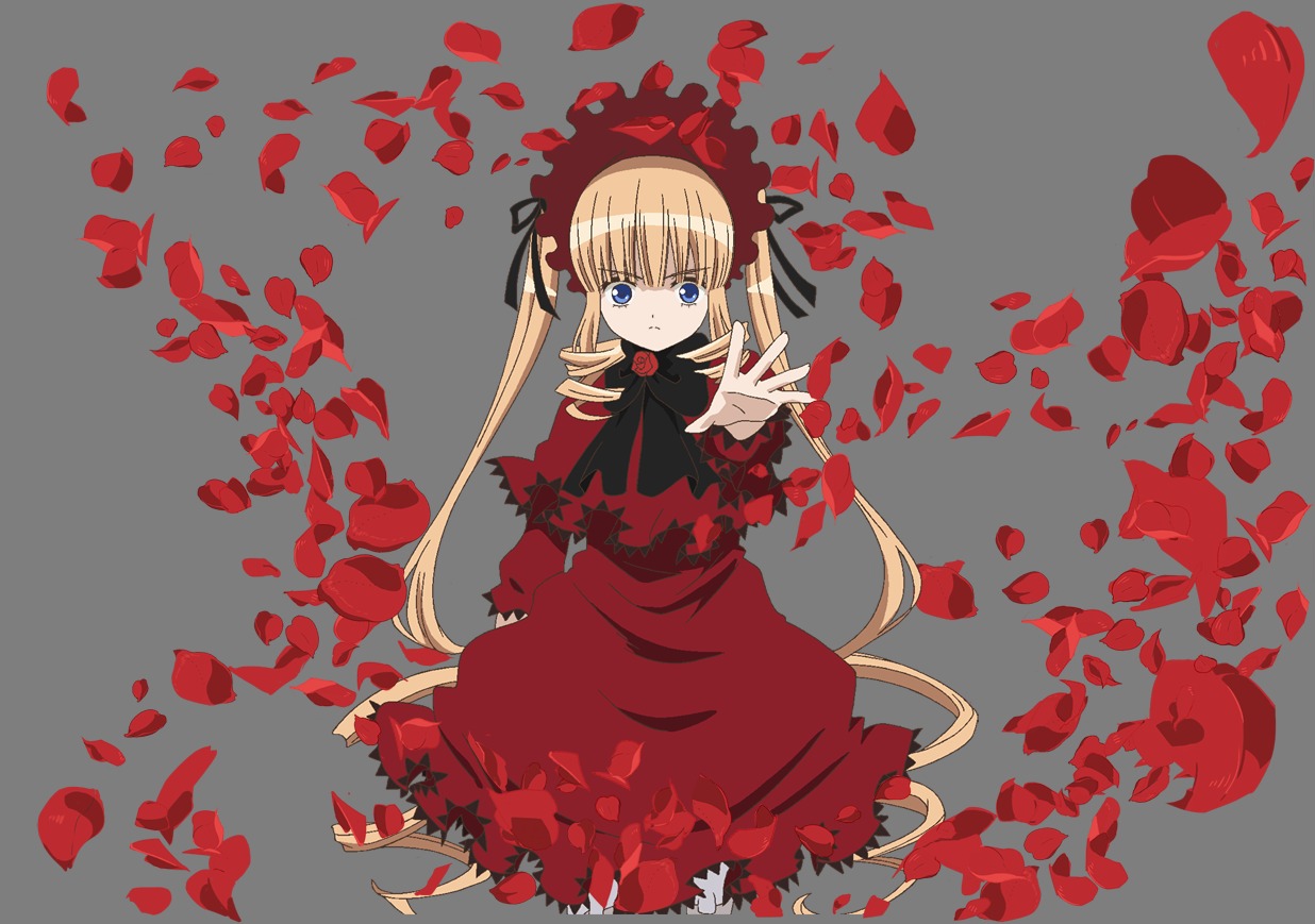 1girl bangs black_bow black_ribbon blonde_hair blue_eyes bow bowtie capelet dress eyebrows_visible_through_hair flower image long_hair long_sleeves looking_at_viewer petals red_dress rose rose_petals shinku solo transparent_background twintails very_long_hair