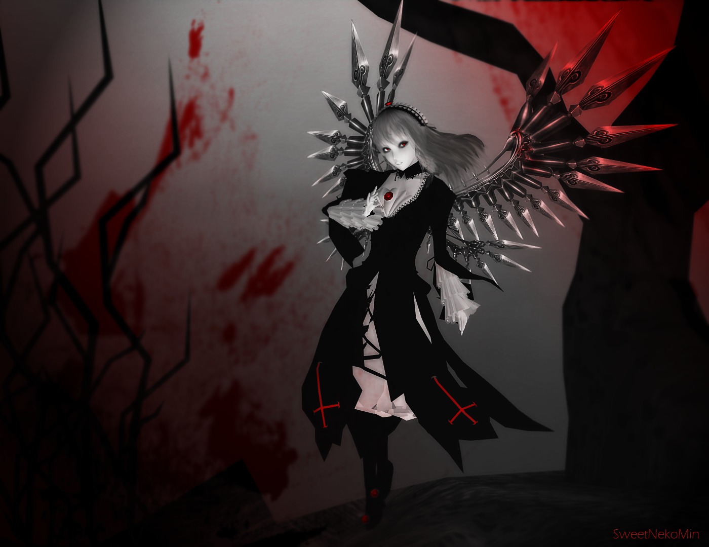 1girl auto_tagged black_dress dress image red_eyes solo standing suigintou wings