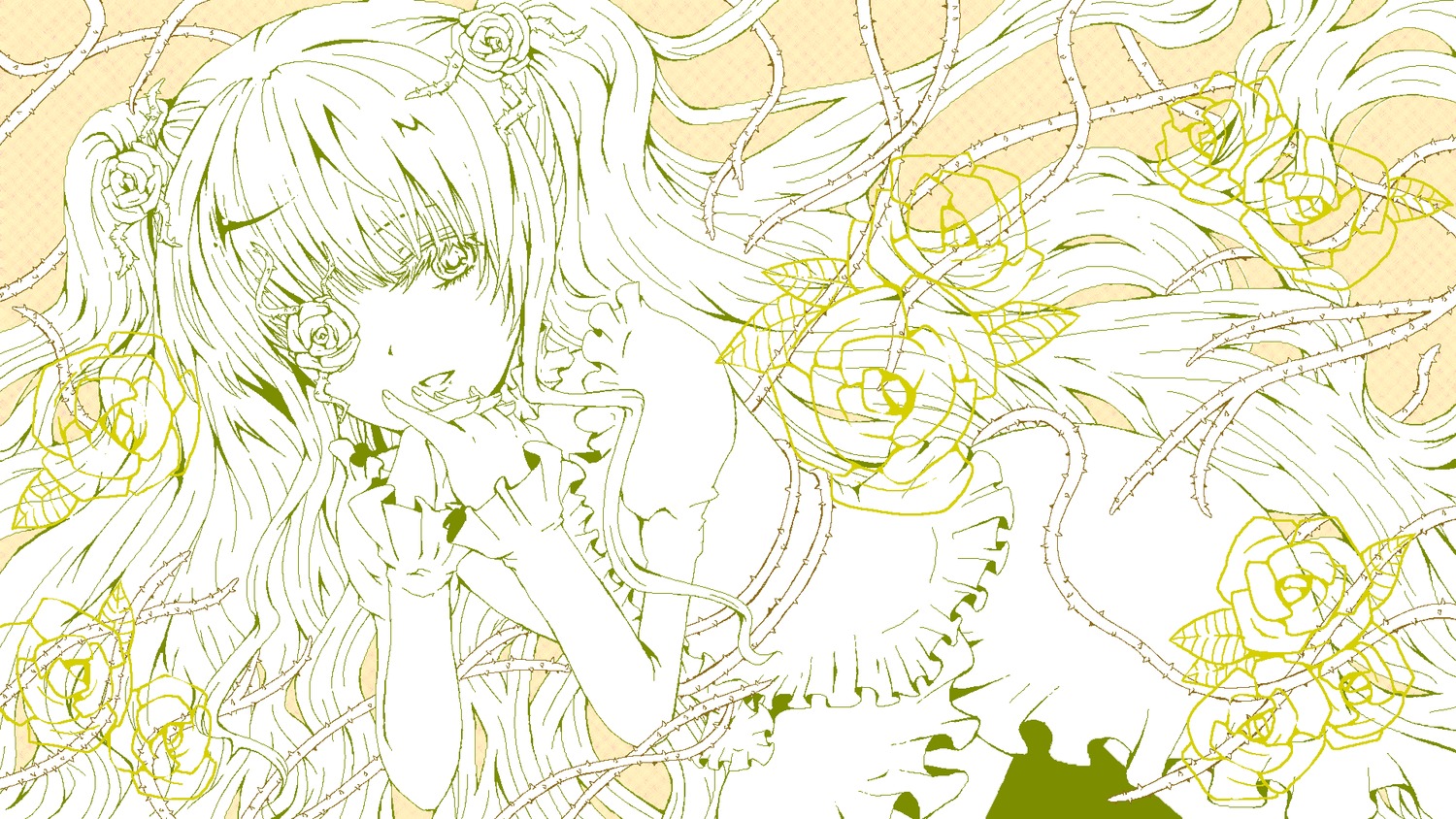 1girl dress eyepatch flower hair_flower hair_ornament image kirakishou lineart long_hair monochrome ribbon rose solo thorns two_side_up yellow_rose