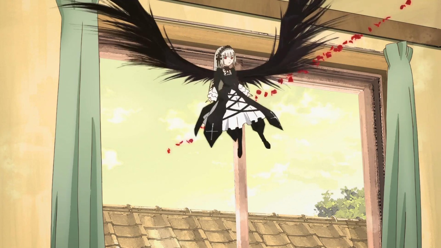 1girl black_dress black_wings curtains dress feathered_wings image long_hair long_sleeves solo suigintou window wings