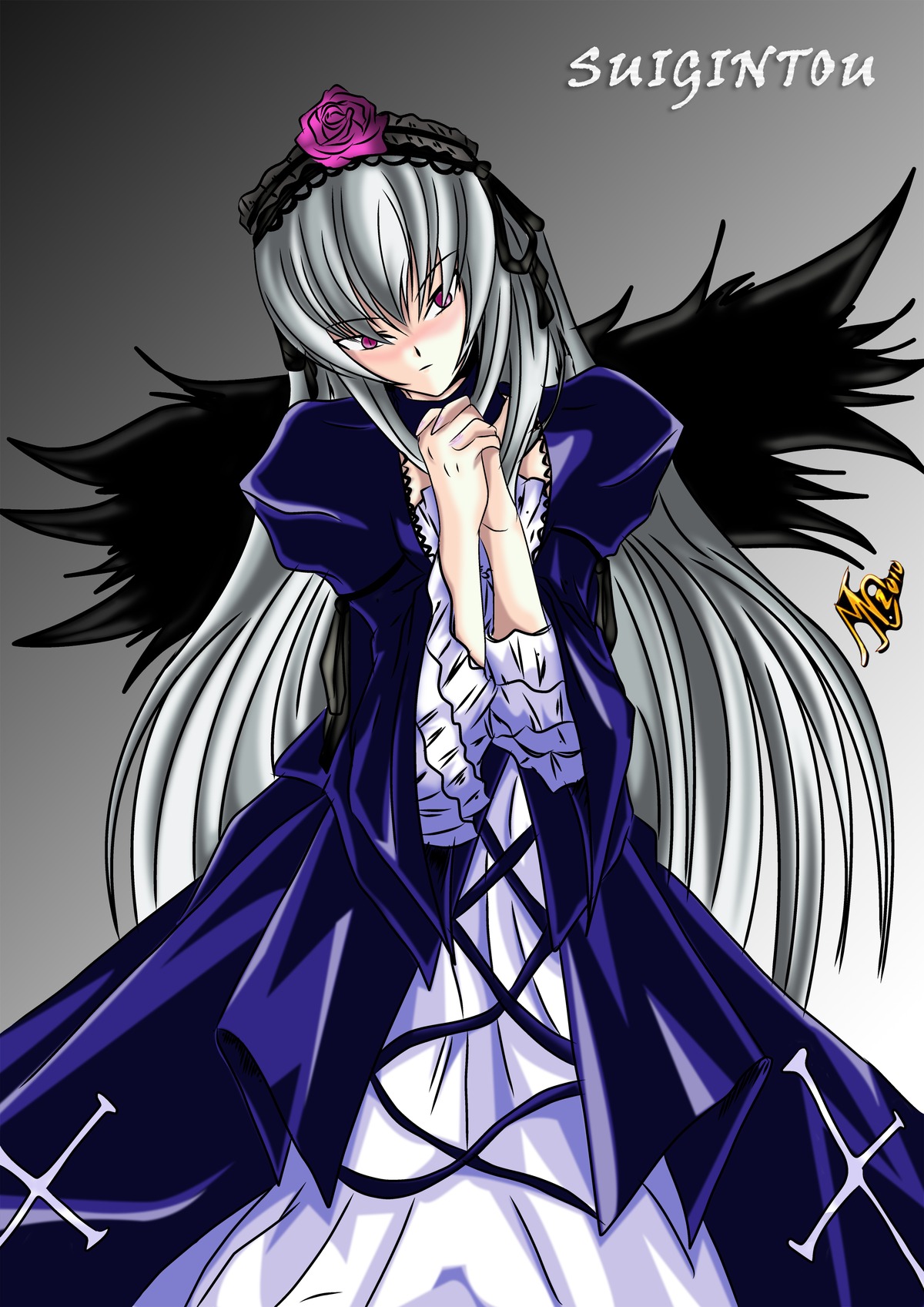 1girl black_wings blush dress flower frills hairband image juliet_sleeves long_hair long_sleeves looking_at_viewer pink_eyes puffy_sleeves rose silver_hair solo suigintou wings