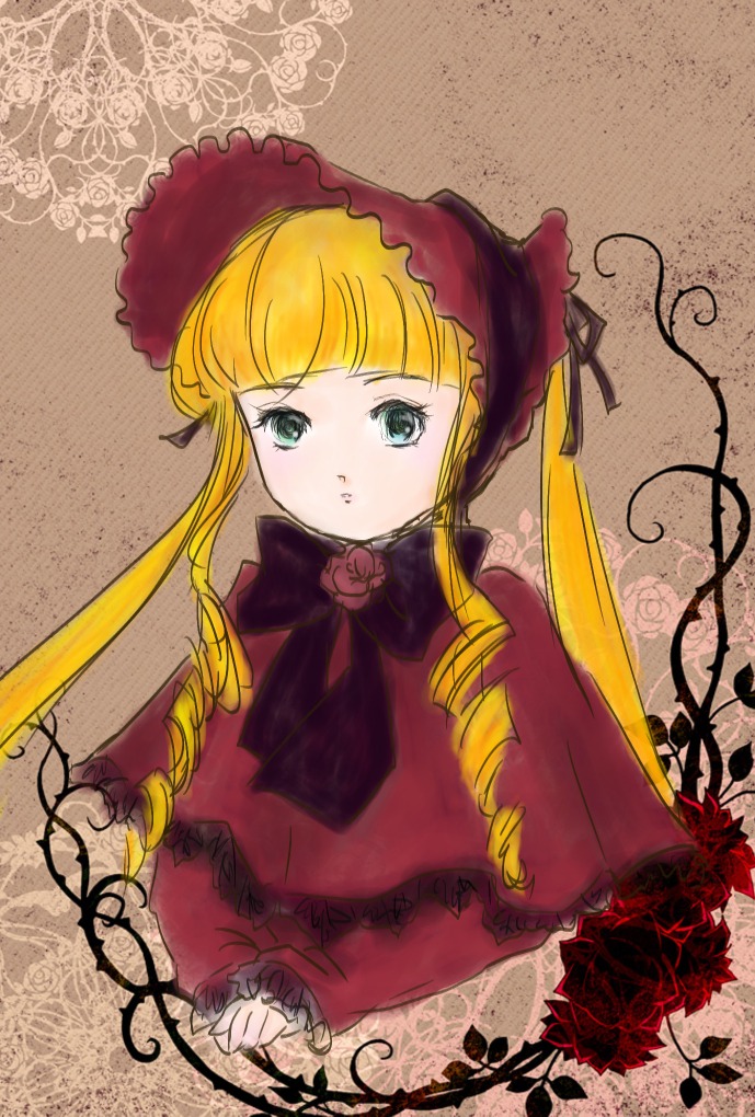 1girl bangs blonde_hair blue_eyes bonnet bow bowtie brown_background dress drill_hair flower image long_hair long_sleeves looking_at_viewer red_dress red_flower rose shinku solo upper_body