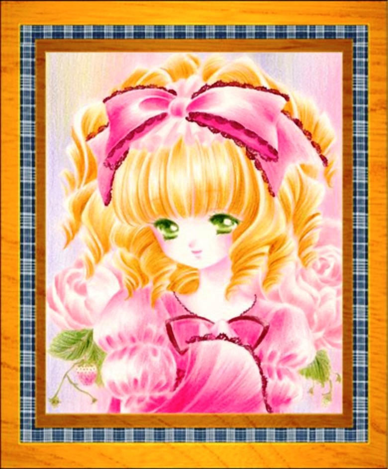 1girl blonde_hair bow dress flower frame green_eyes hair_bow hina_ichigo hinaichigo image long_sleeves looking_at_viewer photo pink_bow pink_dress solo traditional_media upper_body