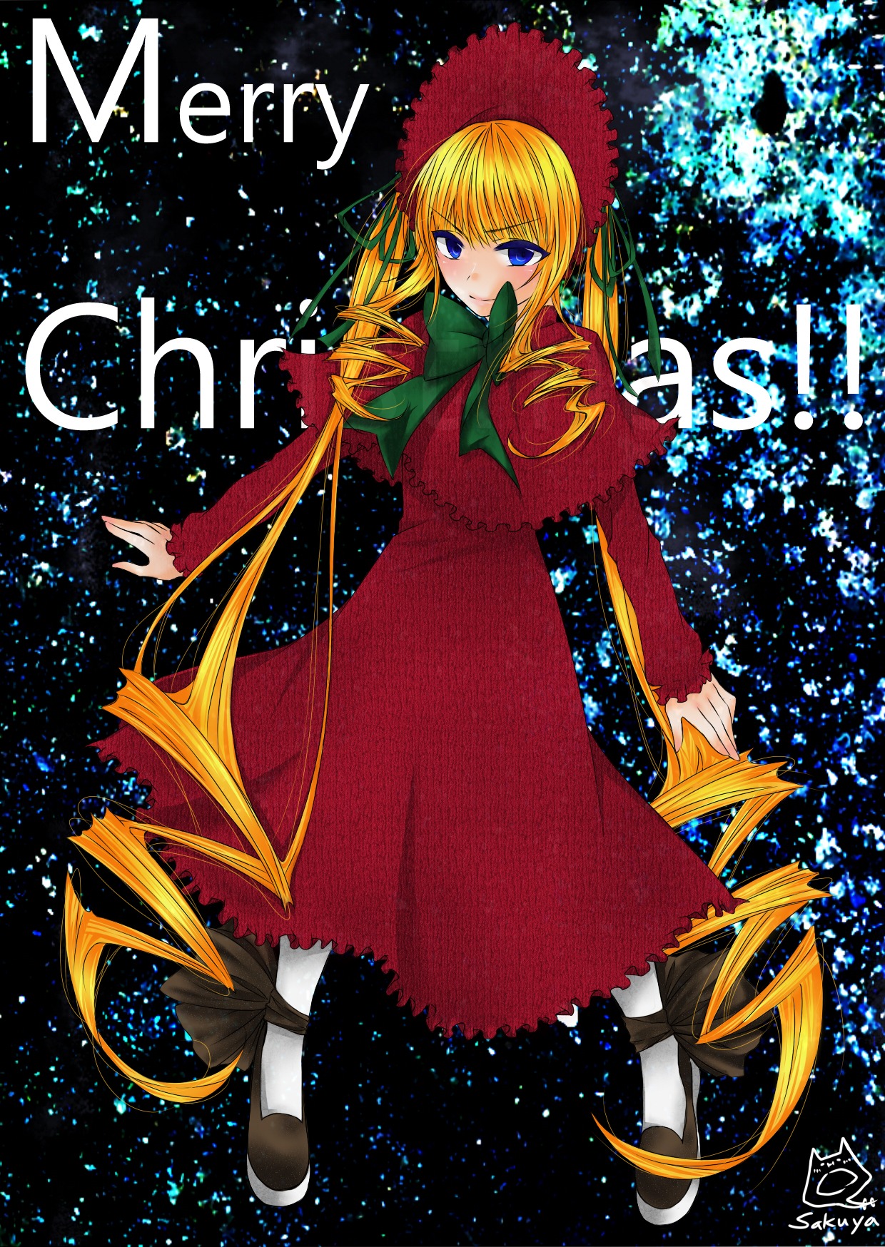 1girl bangs blonde_hair blue_eyes bonnet bow bowtie dress drill_hair flower full_body green_bow image long_hair long_sleeves looking_at_viewer red_dress shinku shoes solo standing twintails very_long_hair