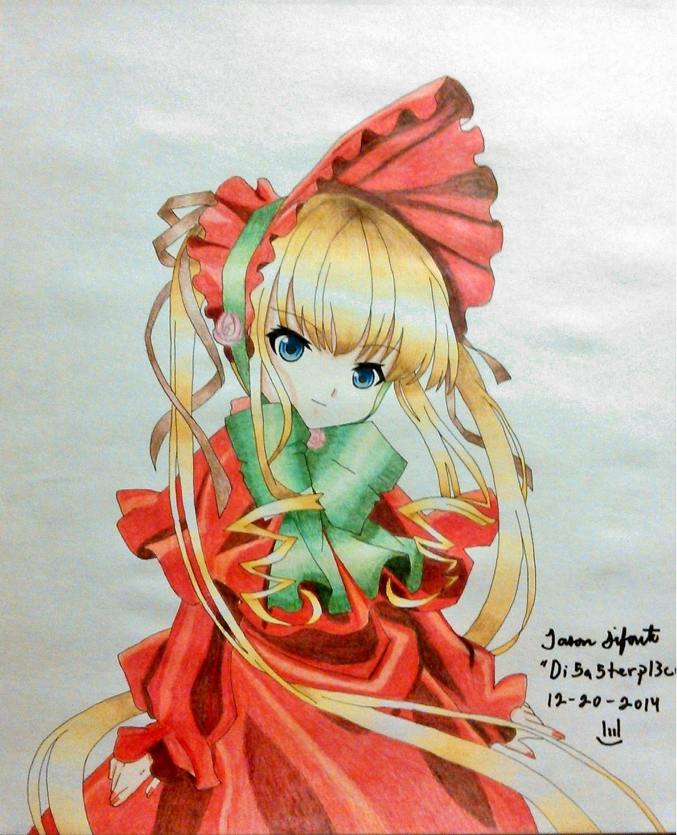 1girl bangs blonde_hair blue_eyes bonnet bow bowtie cowboy_shot dress green_bow green_neckwear image long_hair long_sleeves looking_at_viewer marker_(medium) red_dress shinku sidelocks solo standing traditional_media