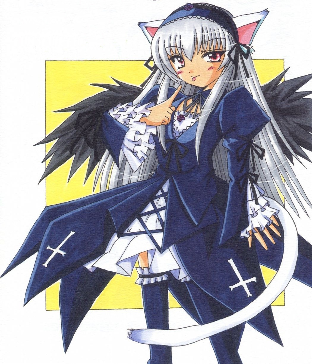 1girl animal_ears black_legwear blush cat_ears cat_tail dress frills image long_hair long_sleeves looking_at_viewer silver_hair solo suigintou tail traditional_media wings