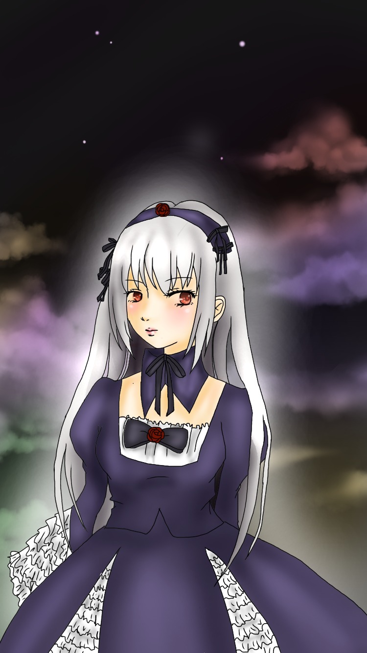 1girl black_dress blush cloud detached_collar dress flower hairband image long_hair long_sleeves looking_at_viewer night night_sky outdoors red_eyes silver_hair sky solo star_(sky) suigintou