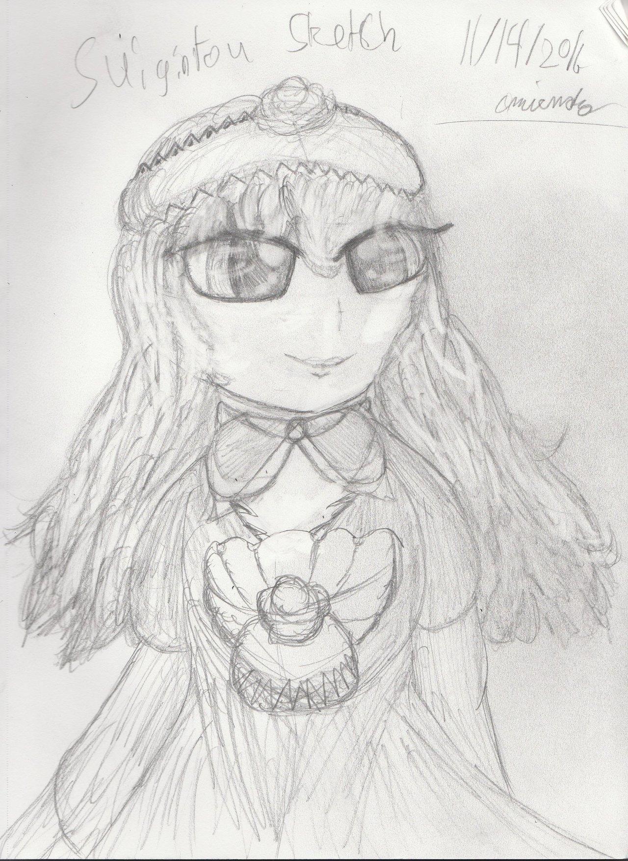 1girl dated dress graphite_(medium) greyscale image long_hair looking_at_viewer monochrome sketch smile solo suigintou sunglasses traditional_media