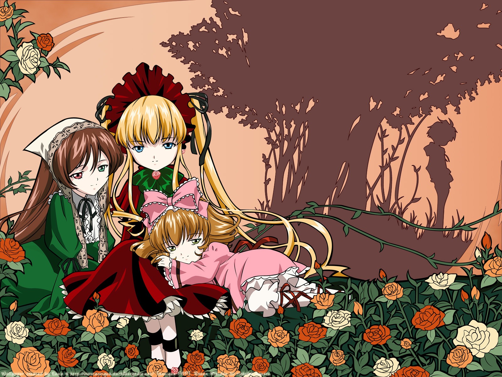 3girls blonde_hair blue_eyes bonnet bow brown_hair dress drill_hair flower green_bow green_dress hat heterochromia hina_ichigo image long_hair long_sleeves looking_at_viewer multiple multiple_girls pink_bow pink_flower pink_rose red_dress red_eyes red_flower red_rose rose shinku souseiseki suigintou suiseiseki tagme thorns twintails vines white_rose yellow_flower yellow_rose