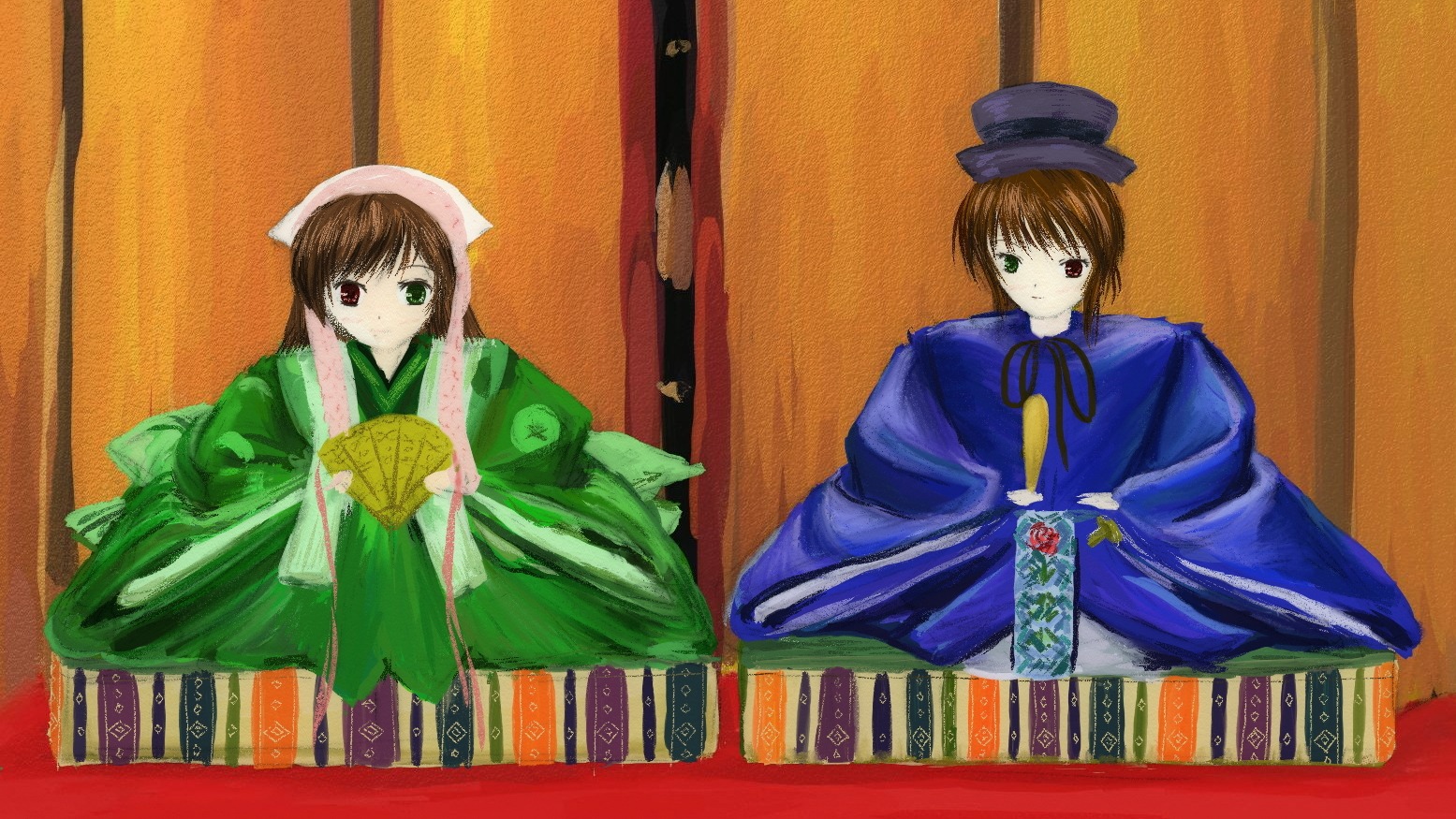 2girls auto_tagged brown_hair green_eyes hat heterochromia image japanese_clothes kimono long_sleeves looking_at_viewer multiple_girls pair red_eyes short_hair siblings sisters souseiseki suiseiseki twins wide_sleeves