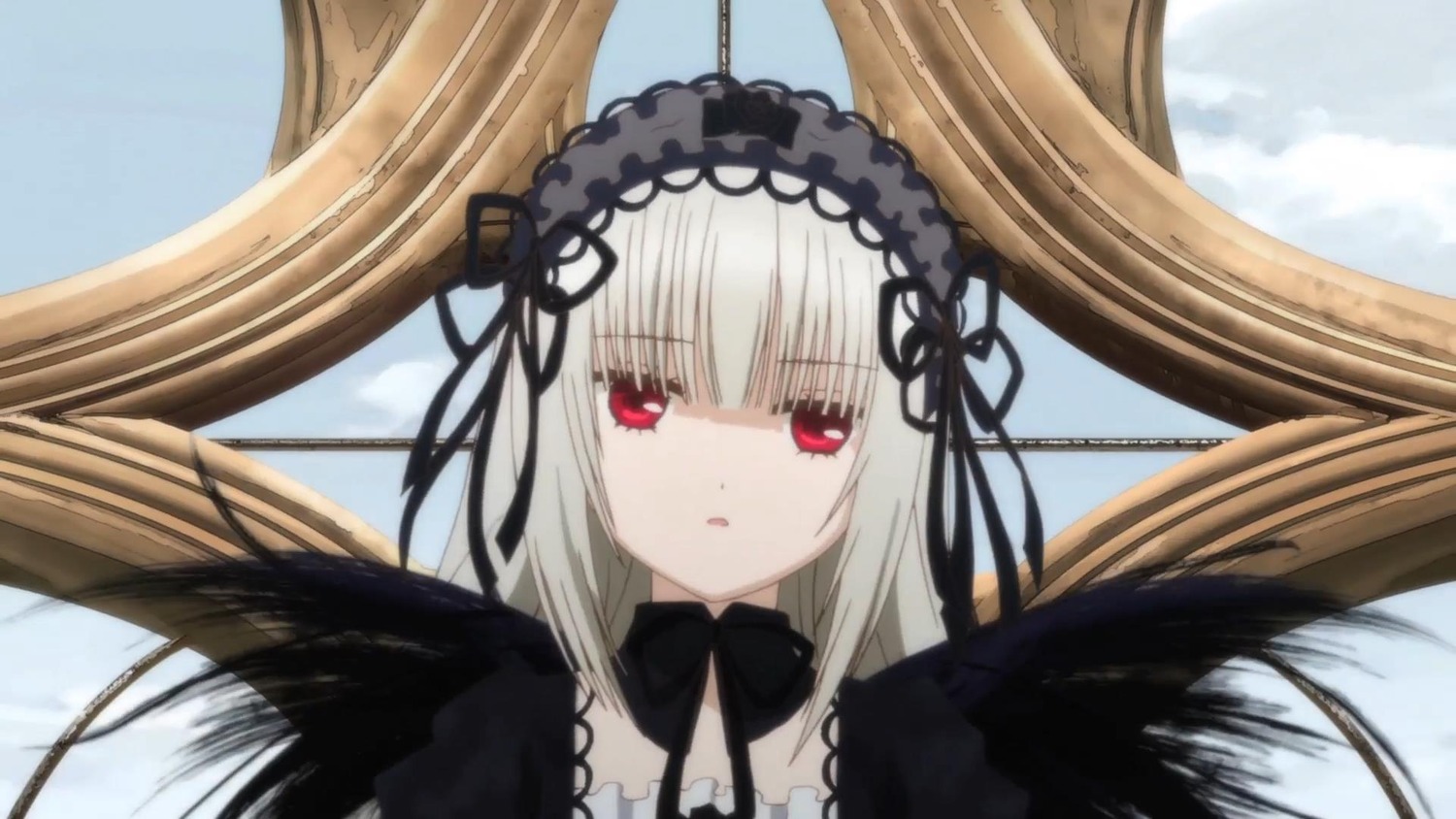 1girl bangs black_dress black_ribbon black_wings detached_collar dress feathered_wings feathers flower frills hairband image long_hair looking_at_viewer red_eyes ribbon silver_hair solo suigintou wings