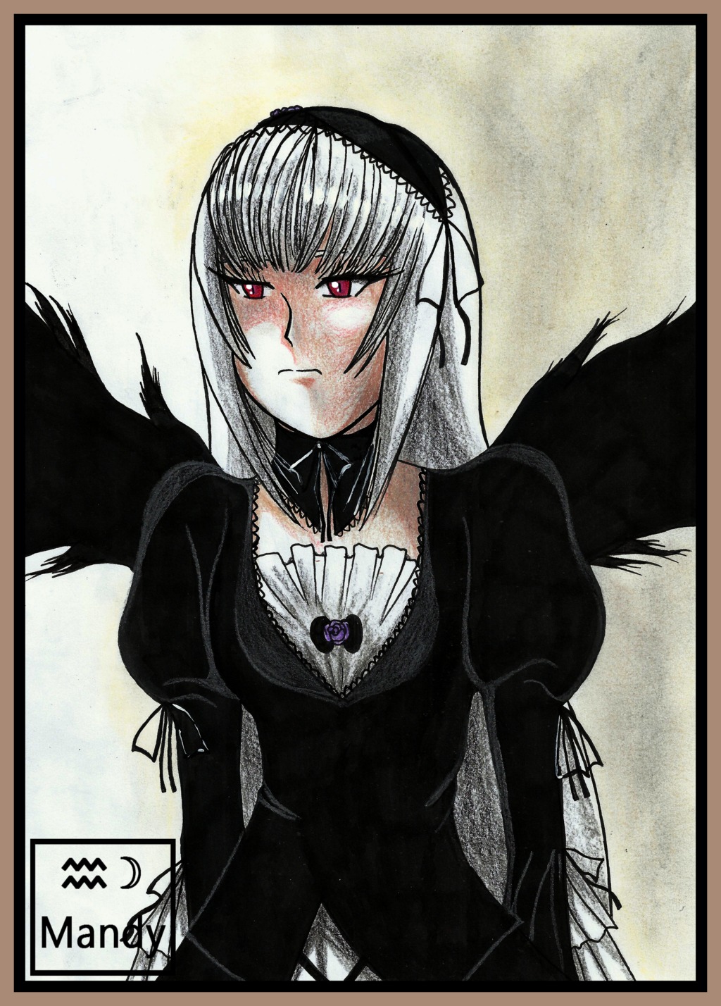 1girl black_dress black_wings detached_collar dress frills hairband image juliet_sleeves long_hair long_sleeves looking_at_viewer puffy_sleeves red_eyes silver_hair simple_background solo suigintou wings