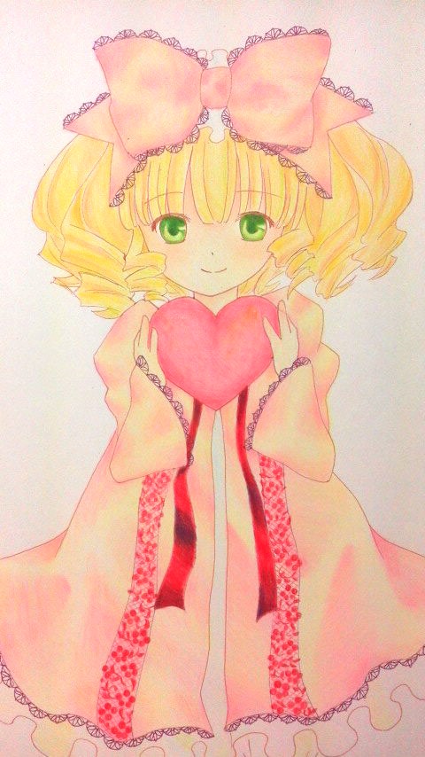 1girl blonde_hair bow dress drill_hair frills green_eyes hair_bow heart hina_ichigo hinaichigo image marker_(medium) pink_bow smile solo traditional_media