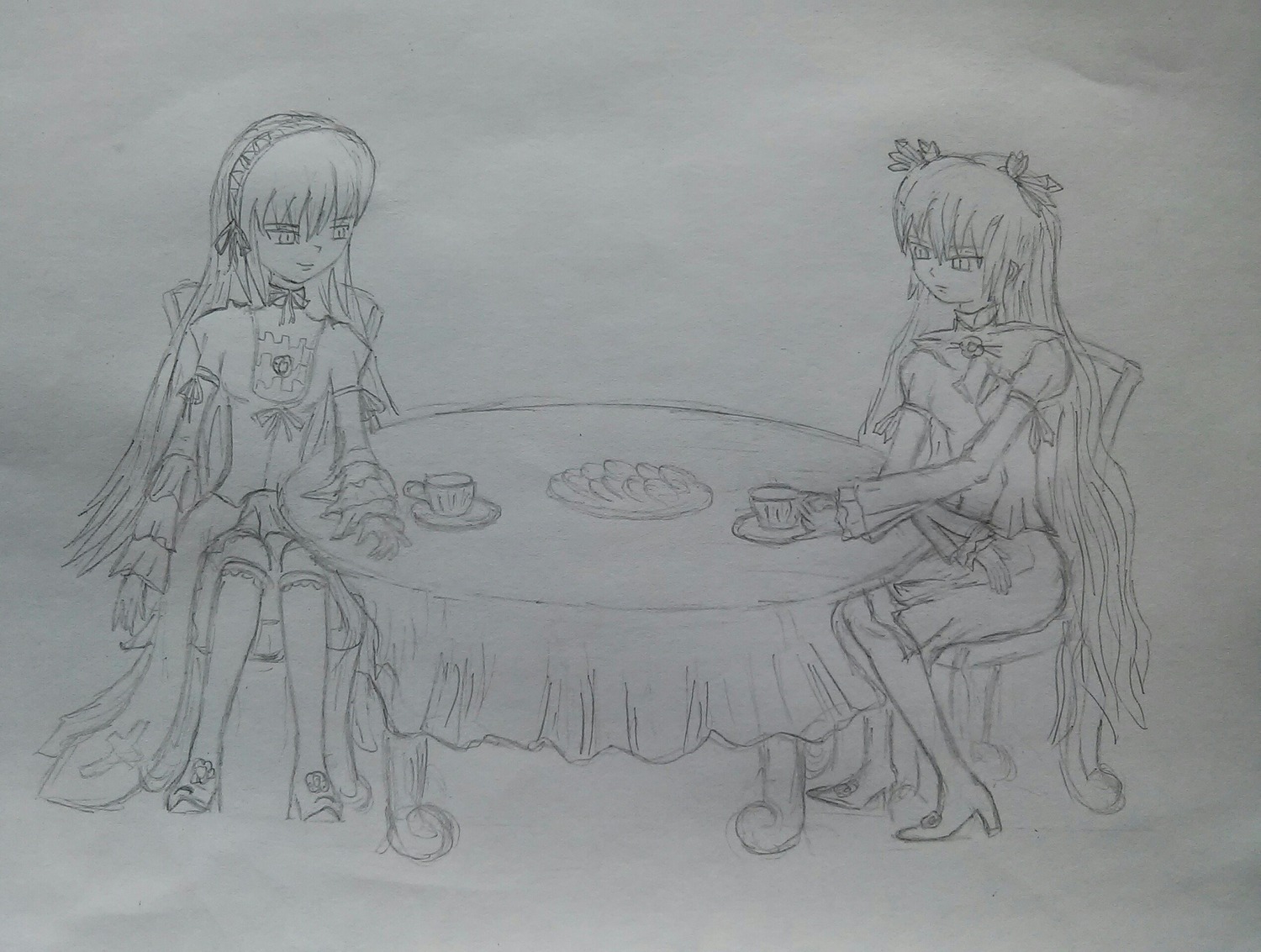 2girls barasuishou bare_shoulders chair crossed_legs cup dress flower gloves image long_hair monochrome multiple_girls pair sitting suigintou teacup thighhighs traditional_media very_long_hair wings