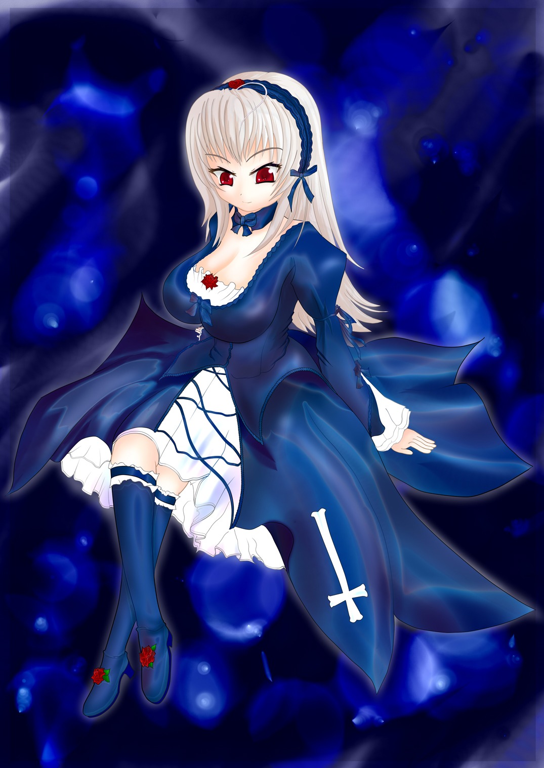 1girl boots breasts cleavage dress frills full_body hairband image knee_boots kneehighs large_breasts long_hair long_sleeves puffy_sleeves red_eyes sitting solo suigintou white_hair wings