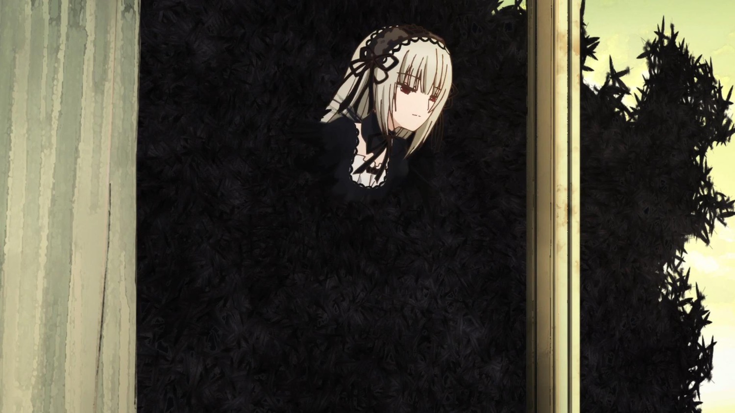 1girl bangs black_dress closed_mouth dress eyebrows_visible_through_hair flower forest frills gothic_lolita hairband image lolita_hairband looking_at_viewer nature outdoors red_eyes ribbon solo suigintou tree