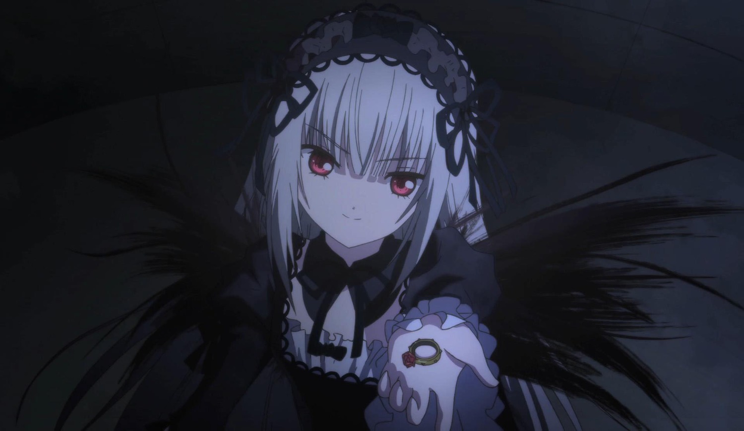 1girl bangs black_dress black_ribbon black_wings closed_mouth detached_collar dress eyebrows_visible_through_hair frills hairband image long_hair long_sleeves looking_at_viewer red_eyes ribbon silver_hair smile solo suigintou wings