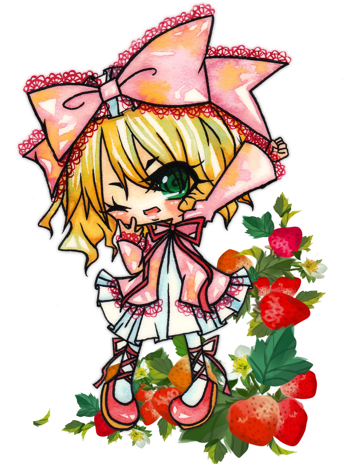 1girl apple blonde_hair bow cherry chibi dress food food_print fruit green_eyes hina_ichigo hinaichigo image object_namesake one_eye_closed pink_bow short_hair solo standing strawberry strawberry_print white_background