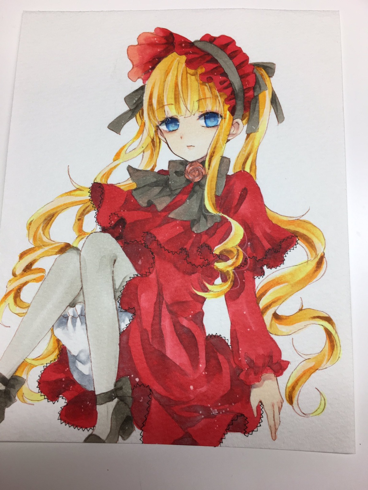 1girl blonde_hair blue_eyes bonnet bow capelet dress flower image long_hair long_sleeves looking_at_viewer marker_(medium) red_capelet red_dress rose shinku shoes sitting solo traditional_media twintails very_long_hair