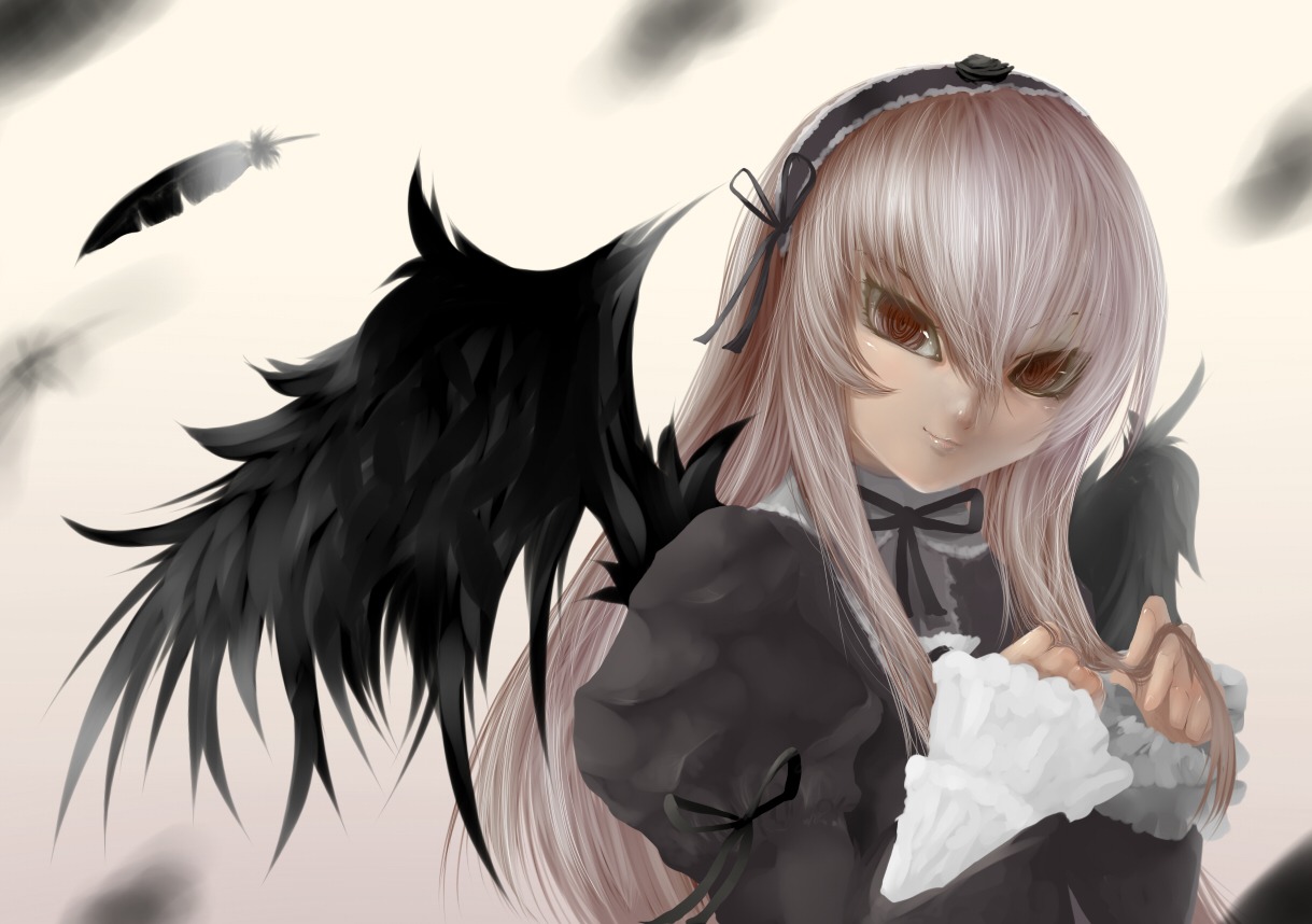 1girl bad_id bad_pixiv_id bird black_feathers black_ribbon black_wings dress feathered_wings feathers frills hairband image long_hair long_sleeves looking_at_viewer maruki_(nanana) ribbon rozen_maiden silver_hair smile solo suigintou upper_body wings