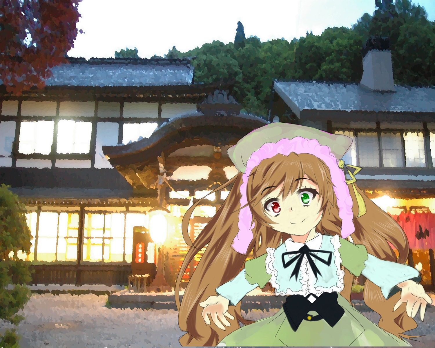 1girl brown_hair building bush dress frills green_dress green_eyes head_scarf heterochromia image long_hair long_sleeves looking_at_viewer outdoors red_eyes ribbon smile solo suiseiseki tree very_long_hair watering_can