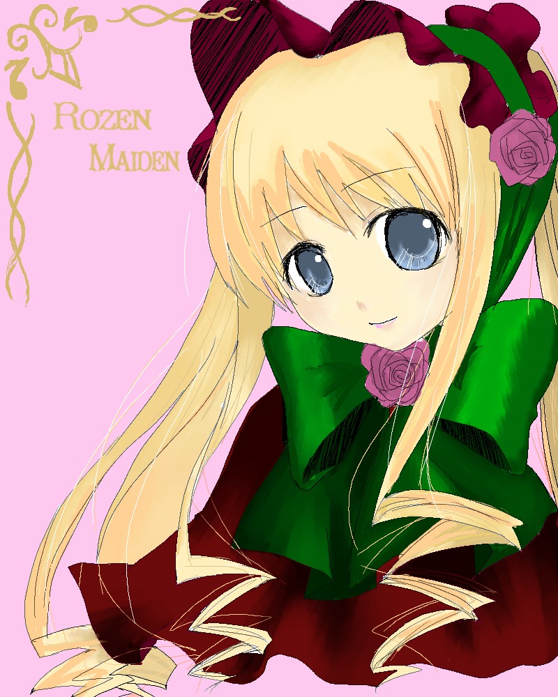 1girl auto_tagged blonde_hair blue_eyes bow bowtie capelet dress drill_hair flower green_bow hat image long_hair long_sleeves looking_at_viewer pink_background pink_flower pink_rose rose shinku simple_background solo twintails upper_body