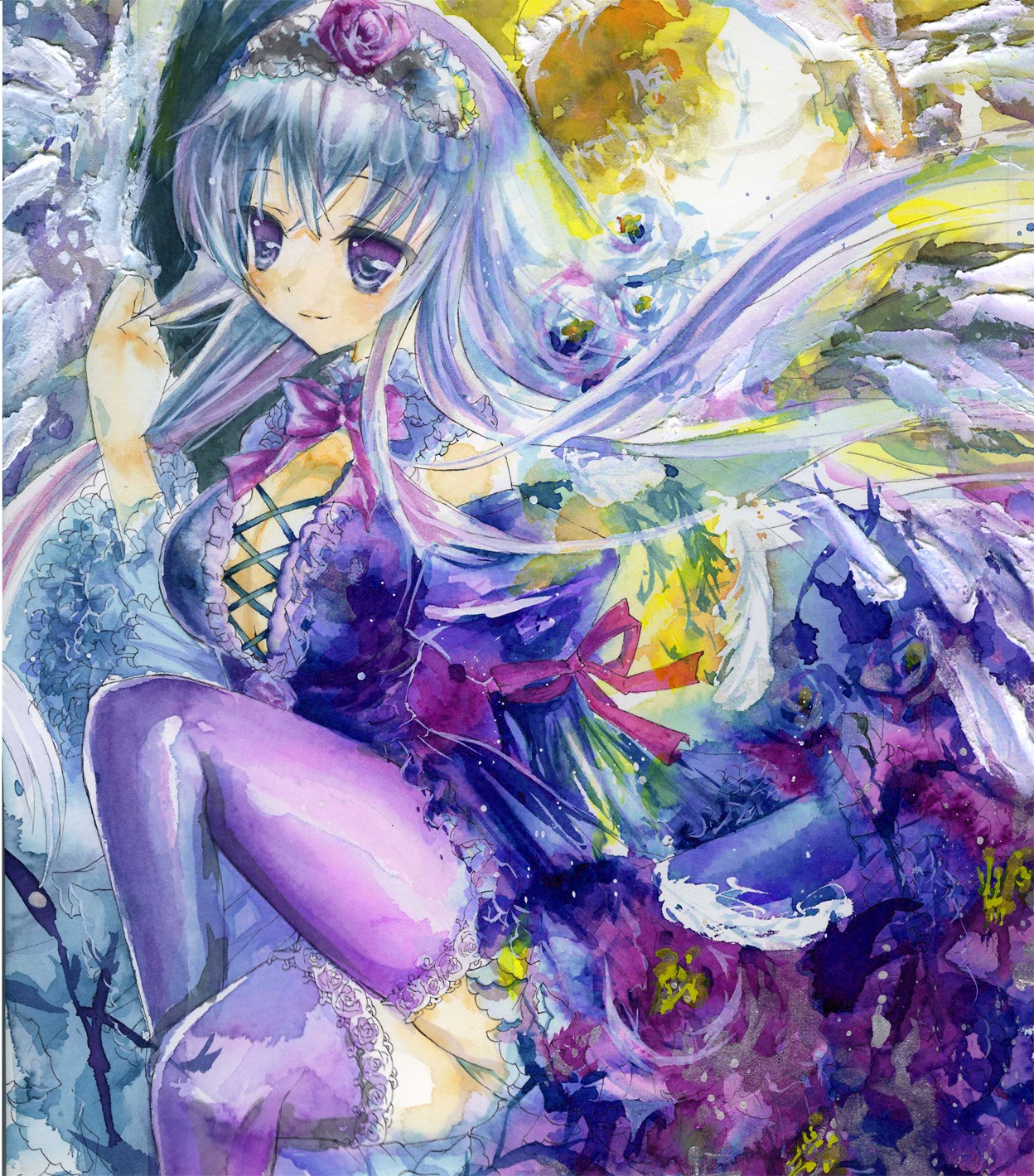 1girl breasts cleavage dress flower frills image lace lolita_fashion long_hair marker_(medium) purple_eyes purple_legwear rose sitting solo suigintou thighhighs traditional_media