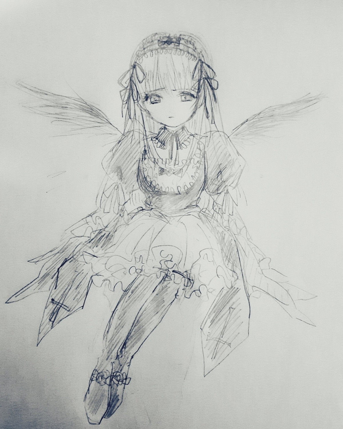 1girl bangs blunt_bangs closed_mouth dress feathered_wings frills full_body greyscale hairband image lolita_hairband long_hair long_sleeves looking_at_viewer monochrome ribbon solo standing suigintou traditional_media wings