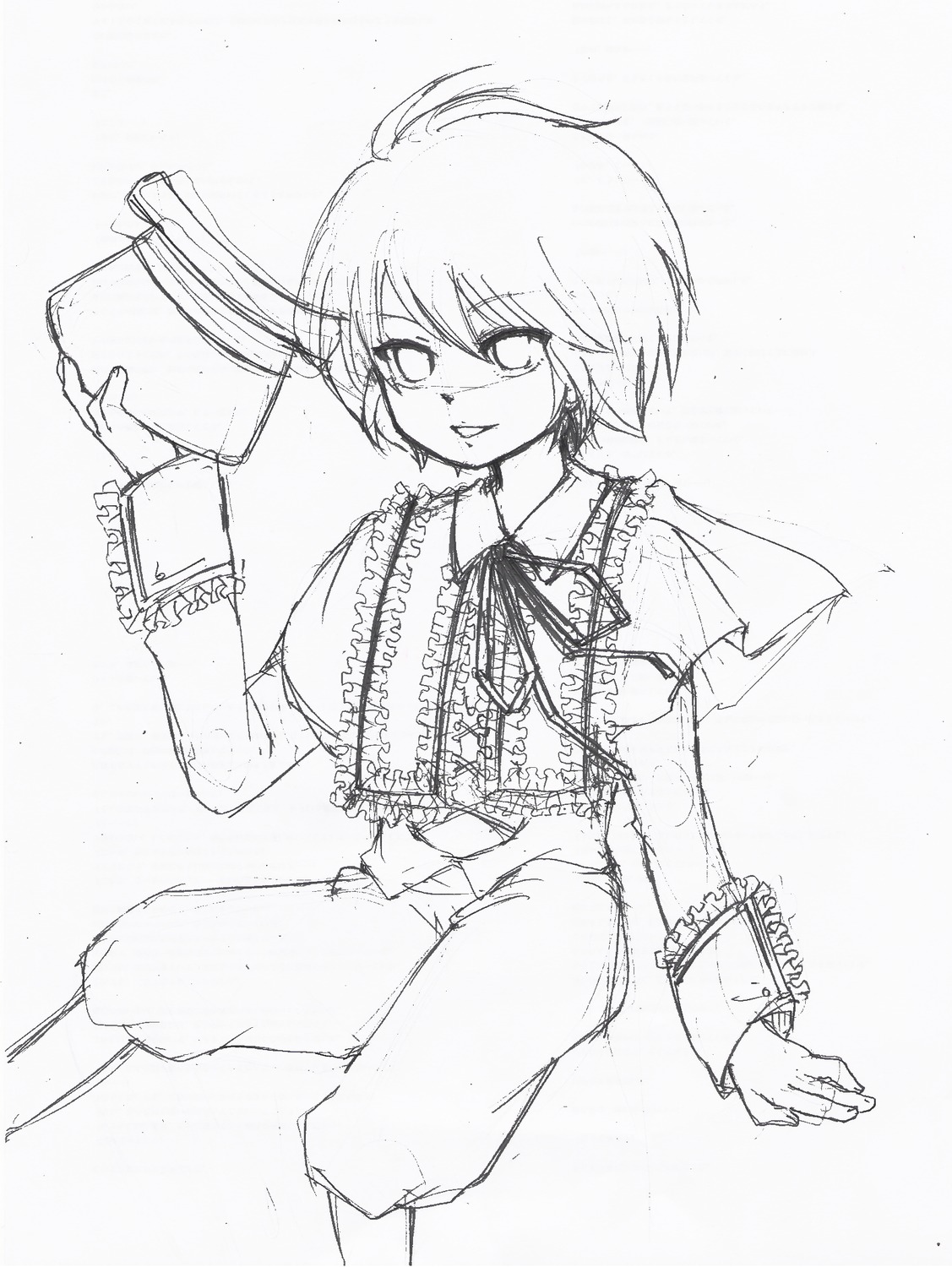 capelet frills greyscale holding image jewelry monochrome pants ribbon short_hair sketch smile solo souseiseki