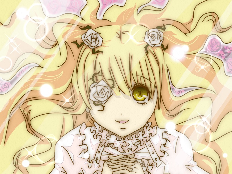 1girl blonde_hair eyepatch flower hair_flower hair_ornament hands_clasped image interlocked_fingers kirakishou long_hair own_hands_together rose smile solo white_rose yellow_eyes