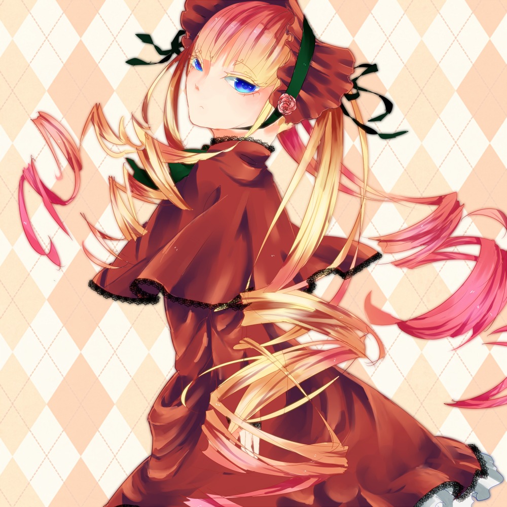 1girl argyle argyle_background blonde_hair blue_eyes bonnet bow capelet checkered checkered_background checkered_floor chess_piece dress drill_hair floor flower green_bow image long_hair long_sleeves looking_back plaid_background red_dress rose shinku solo tile_floor tile_wall tiles twin_drills twintails