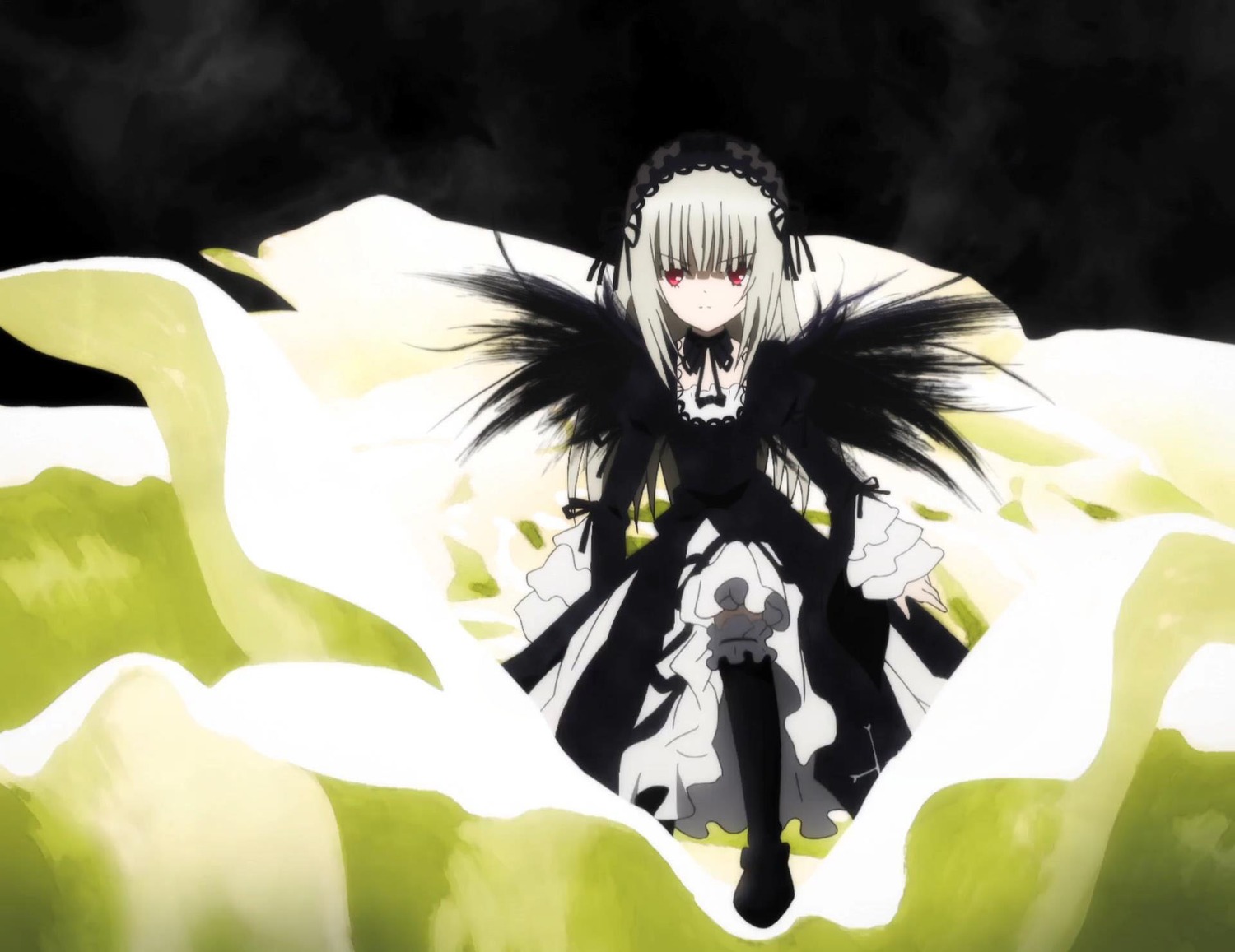 1girl bangs black_dress black_footwear black_ribbon black_wings boots detached_collar dress feathers flower frills full_body hairband image long_hair long_sleeves looking_at_viewer red_eyes ribbon rose silver_hair solo suigintou wings