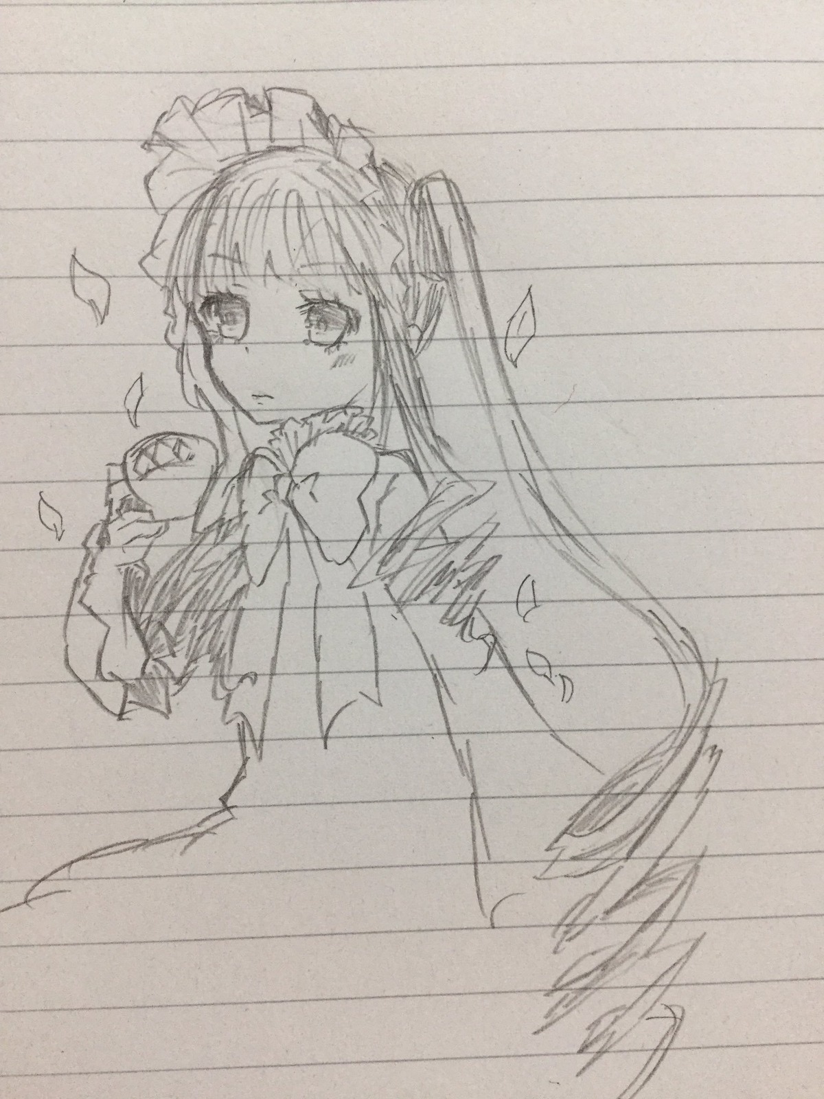 1girl bow dress long_hair long_sleeves looking_at_viewer monochrome petals sketch solo striped traditional_media twintails
